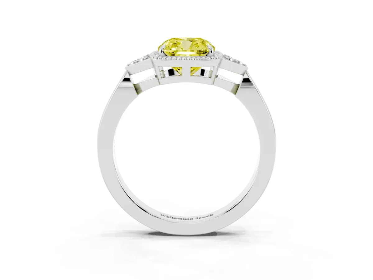 Fancy Yellow Cushion Cut Diamond Halo Ring with Tapered Band and Four-Prong Setting Silver