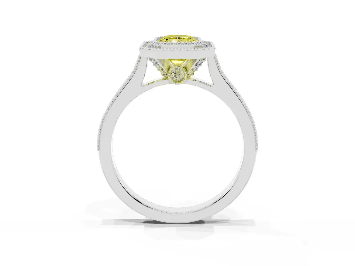 Fancy Yellow Halo Emerald Cut-Cut Diamond Pave Band Milgrain Prong Setting Ring Silver