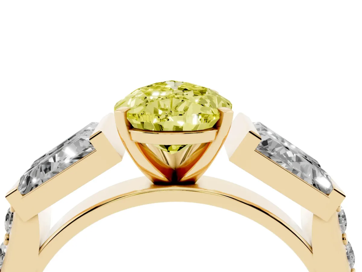 Fancy Yellow Pear Cut Diamond Engagement Ring with Baguette Side Stones and Channel Set Band Yellow gold