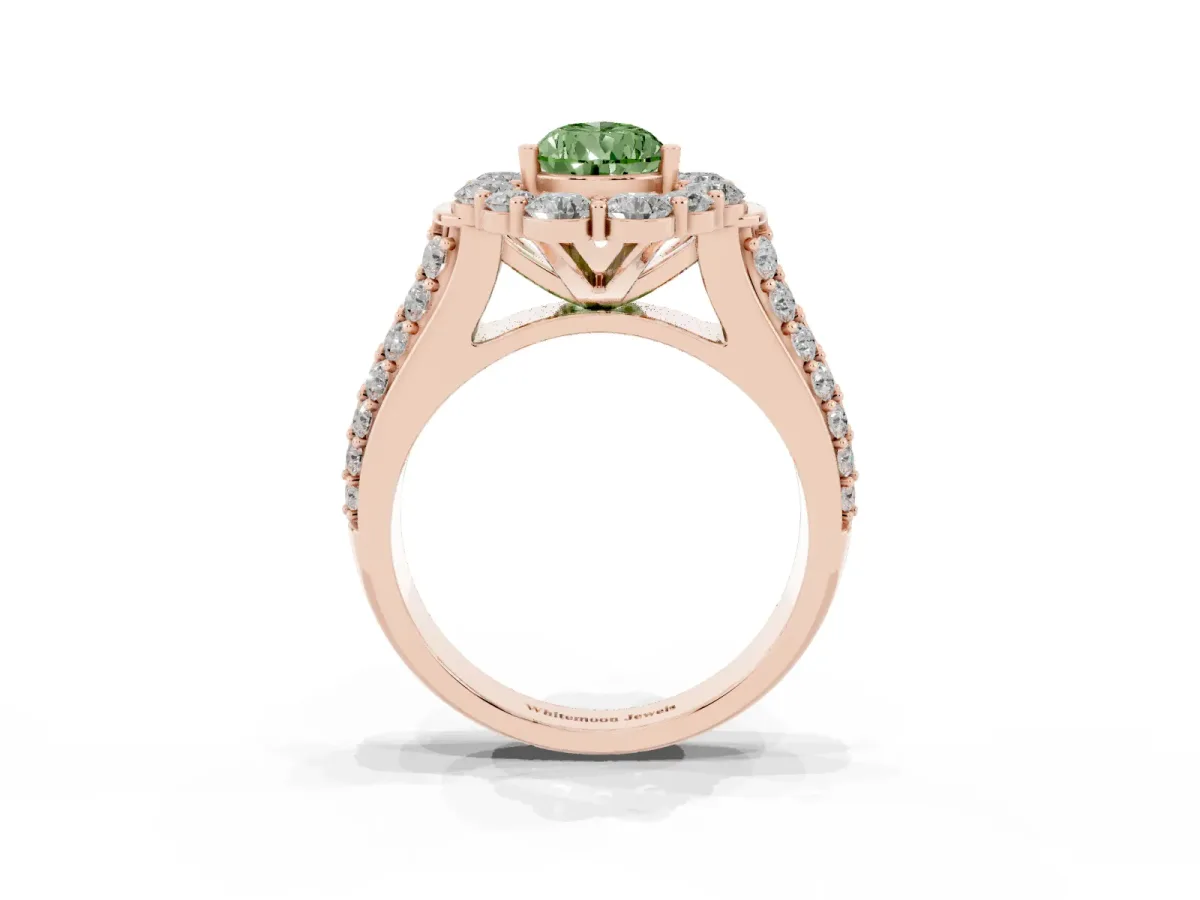 Fancy Green Pear Cut Halo Diamond Engagement Ring with Split Shank and Prong Setting Rose gold