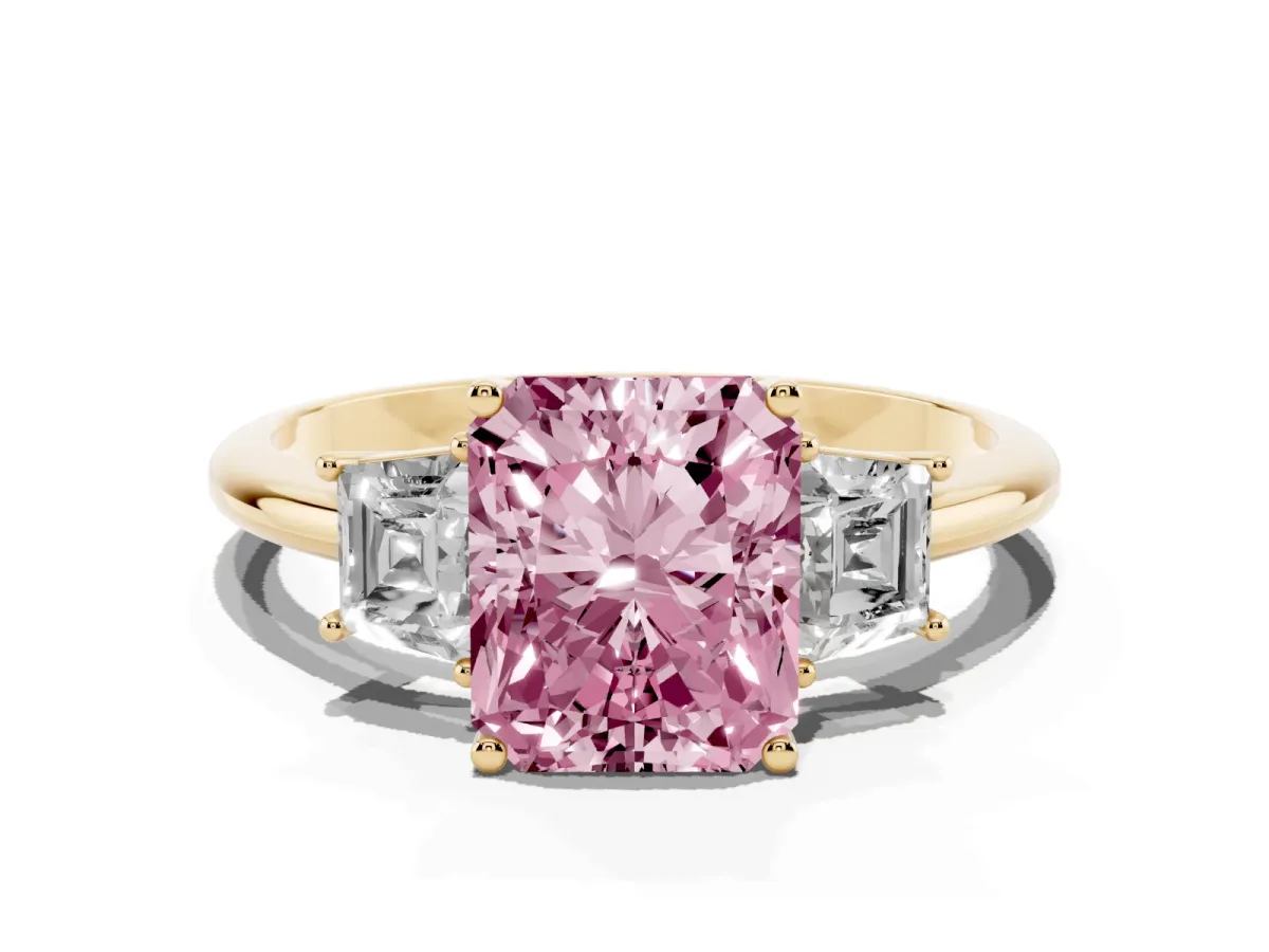 Fancy Pink Radiant Cut Diamond Three-Stone Ring with Trapezoid Side Stones and Prong Setting Yellow gold