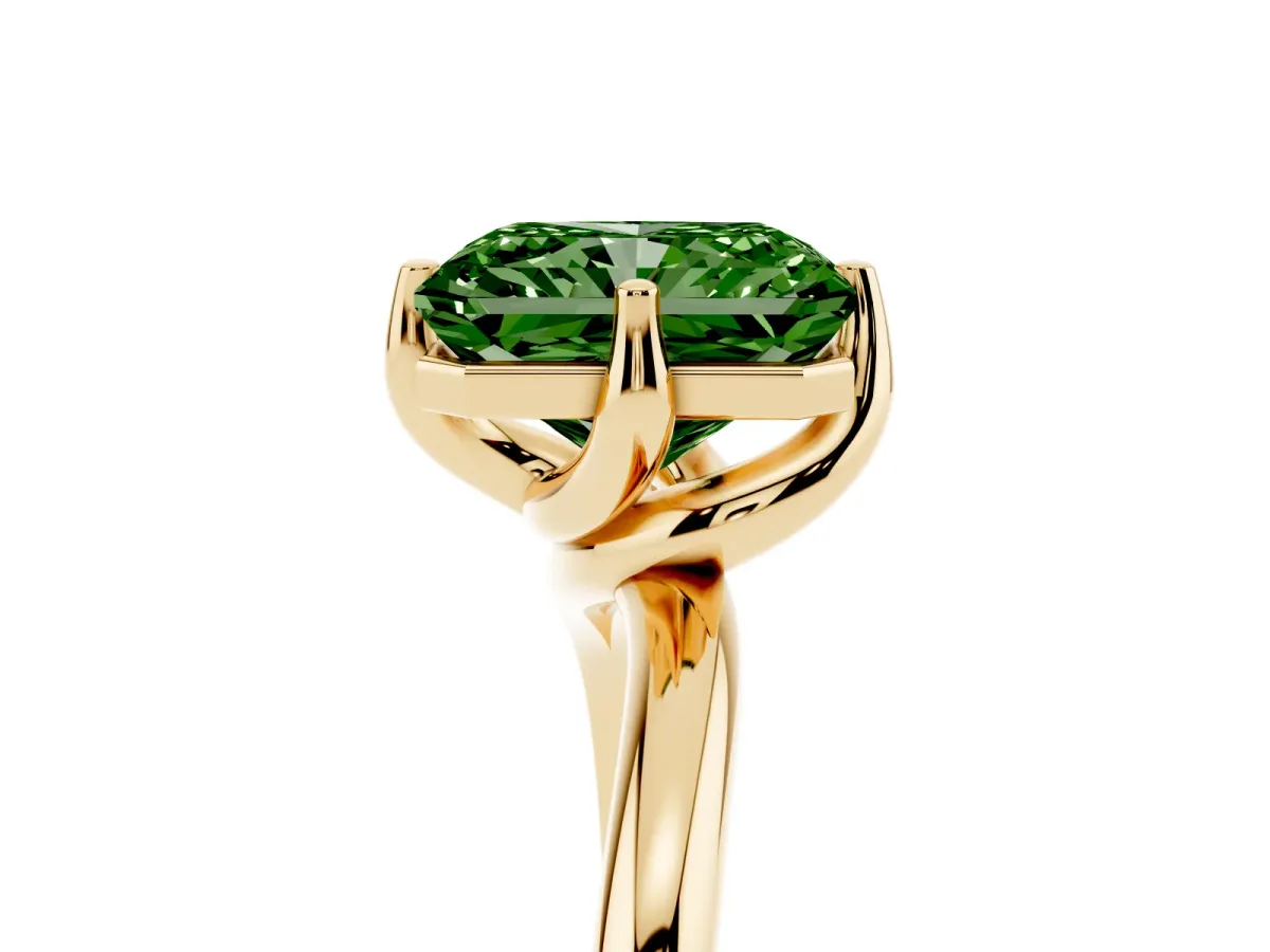 Fancy Green Radiant Cut Diamond Solitaire Engagement Ring with Four-Prong Setting and Classic Band Yellow gold