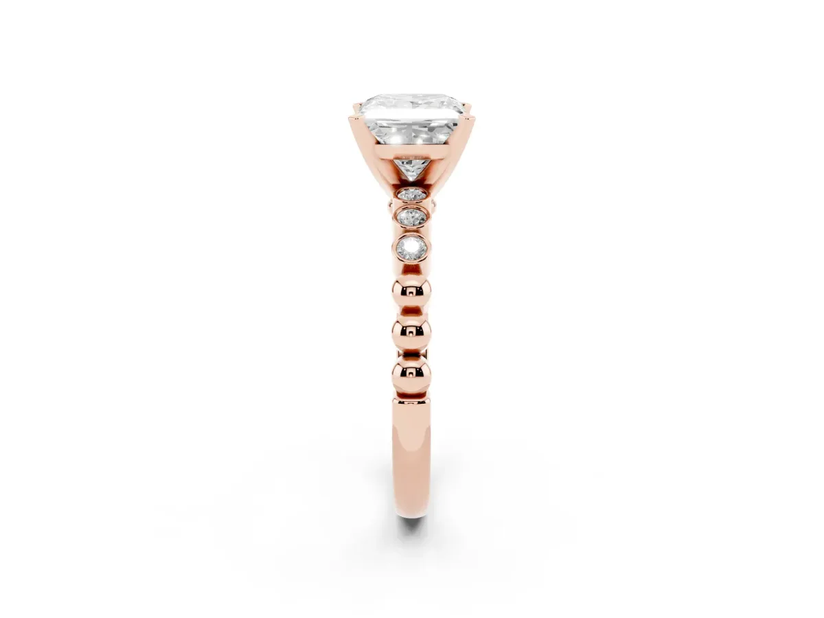 Princess Cut Solitaire Bezel Accent Diamond Engagement Ring with Beaded Band and Four-Prong Setting Rose gold