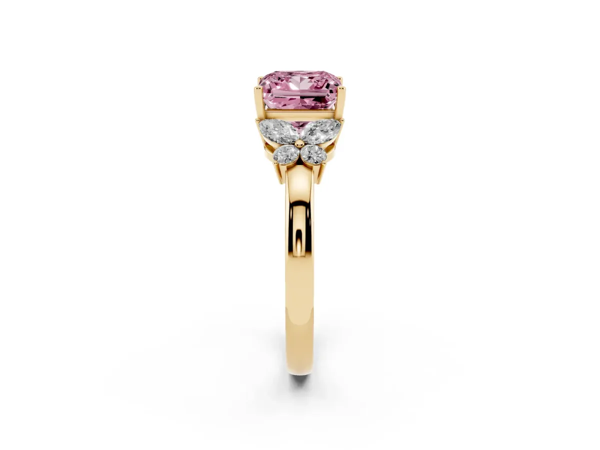 Fancy Pink Princess Cut Cut Solitaire Floral Diamond Ring with Four-Prong Setting Yellow gold