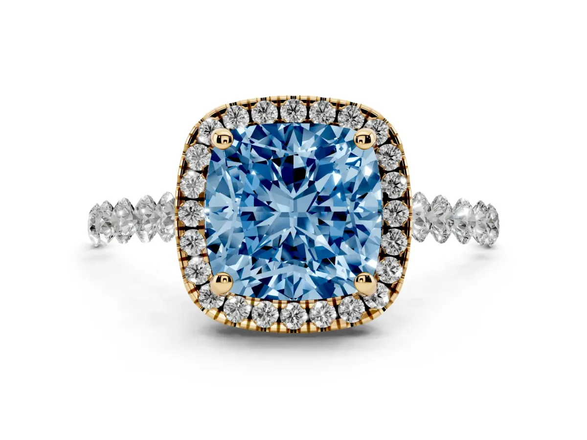 Fancy Blue Cushion Cut Halo Pavé Diamond Engagement Ring with Four-Prong Setting Yellow gold