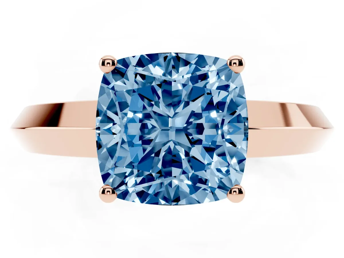 Fancy Blue Cushion Cut Cut Solitaire Engagement Ring with Flat Band and Four-Prong Setting Rose gold