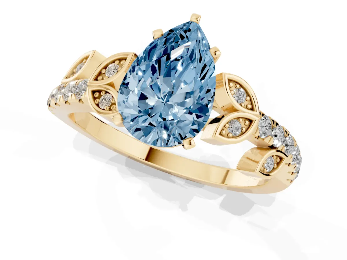 Fancy Blue Pear Cut Solitaire Leaf-Inspired Diamond Ring with Pavé Band and Four-Prong Setting Yellow gold