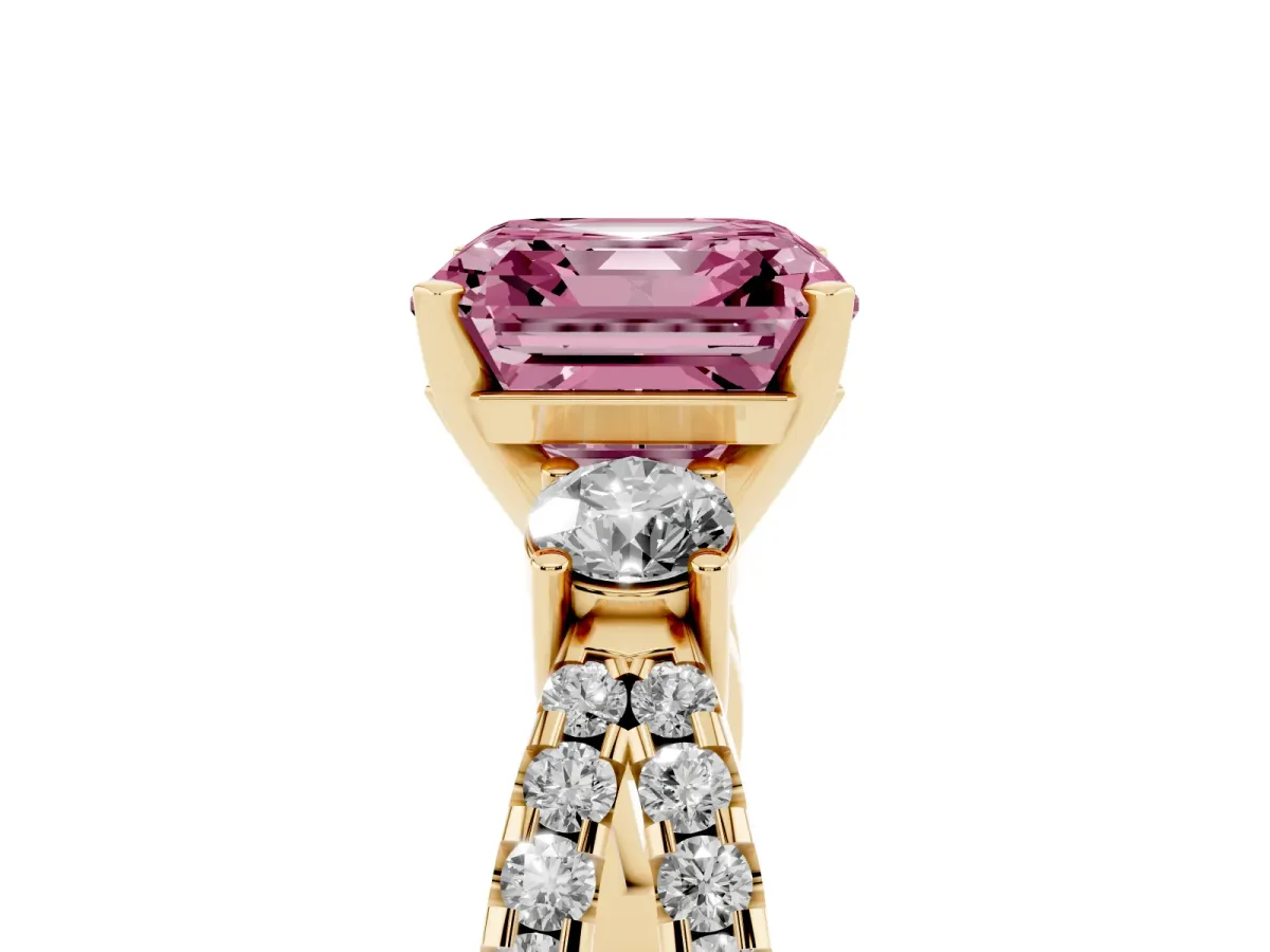 Fancy Pink Asscher Cut Diamond Three-Stone Ring with Pavé Split Shank and Four-Prong Setting Yellow gold