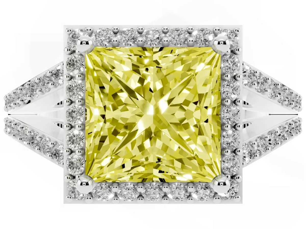 Fancy Yellow Princess Cut Halo Split Shank Pave Diamond Ring with Four-Prong Setting Platinum