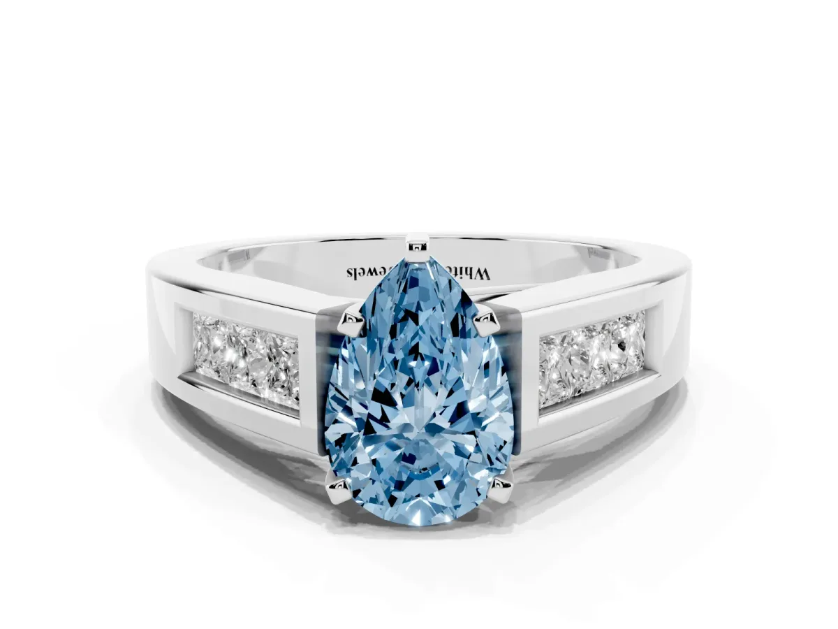 Fancy Blue Pear Cut Cut Channel Set Solitaire Ring with Four-Prong Setting Platinum