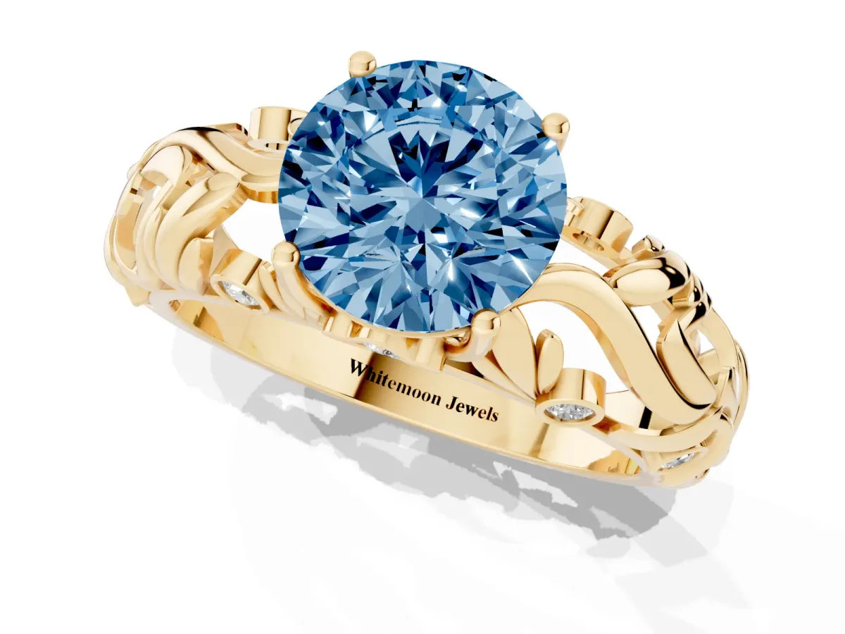 Fancy Blue Round Cut Solitaire Diamond Leaf-Inspired Vine Band Ring with Prong Setting Yellow gold