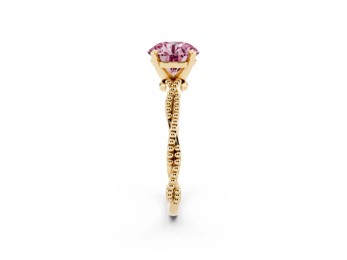 Fancy Pink Round Cut Solitaire Twisted Band with Bead Prong Setting Yellow gold