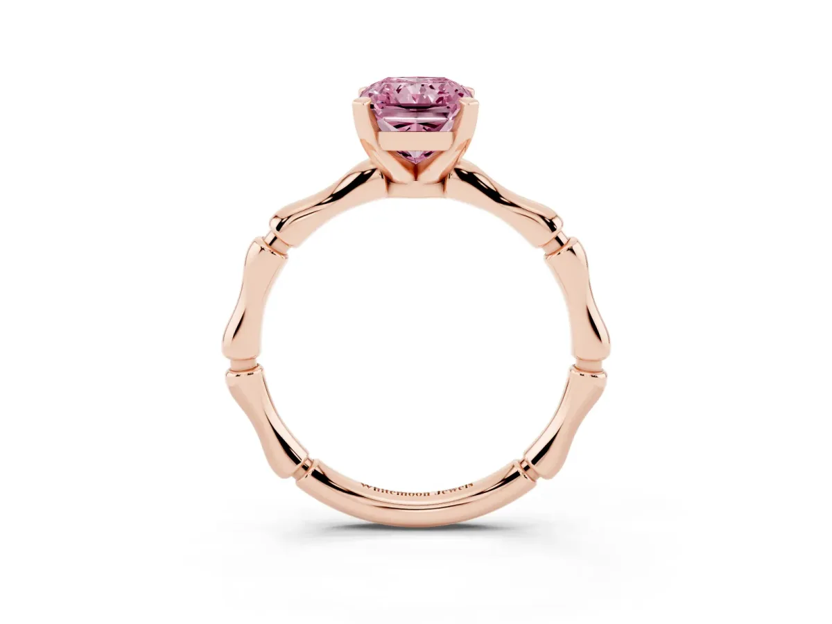 Fancy Pink Radiant Cut Solitaire Diamond Ring with Bamboo Band and Four-Prong Setting Rose gold