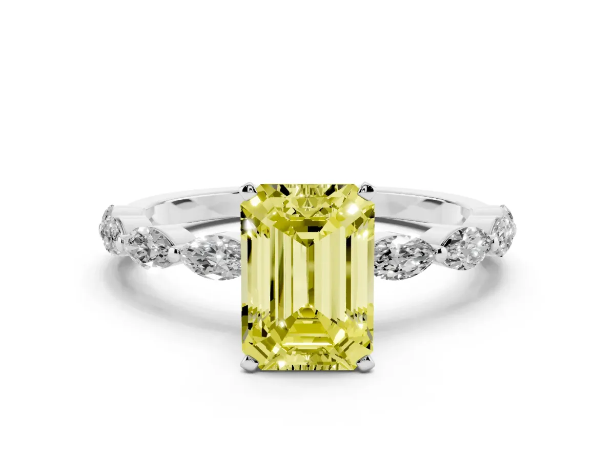 Fancy Yellow Emerald Cut Diamond Ring with Marquise Side Stones and Prong Setting Silver