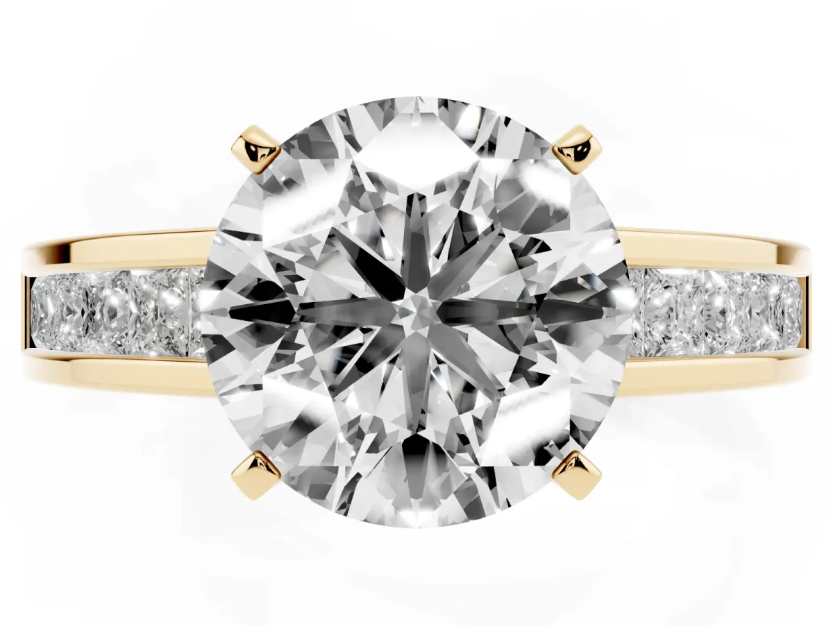Round Cut Solitaire Diamond Ring with Channel-Set Band and Four-Prong Setting Yellow gold