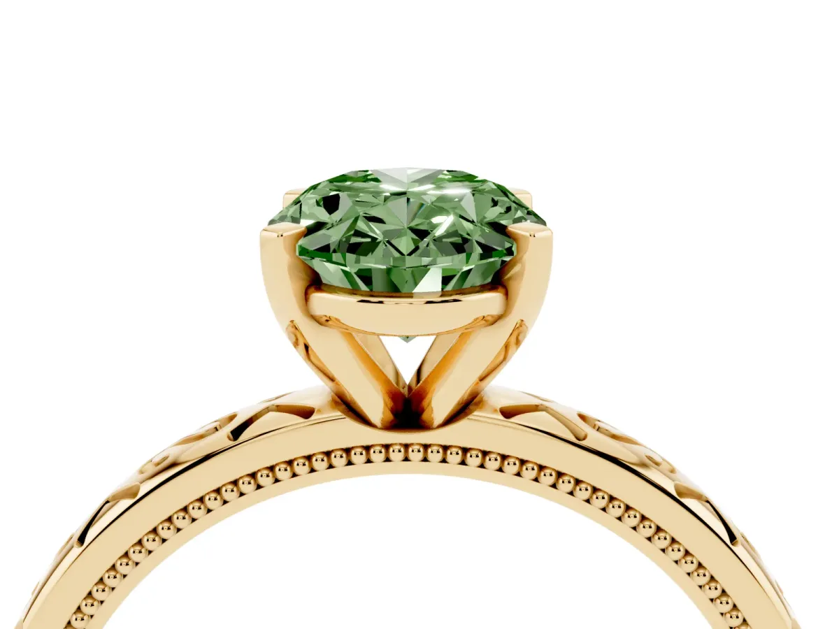 Fancy Green Oval Cut Solitaire Engagement Ring with Scrollwork Band and Four-Prong Setting Yellow gold