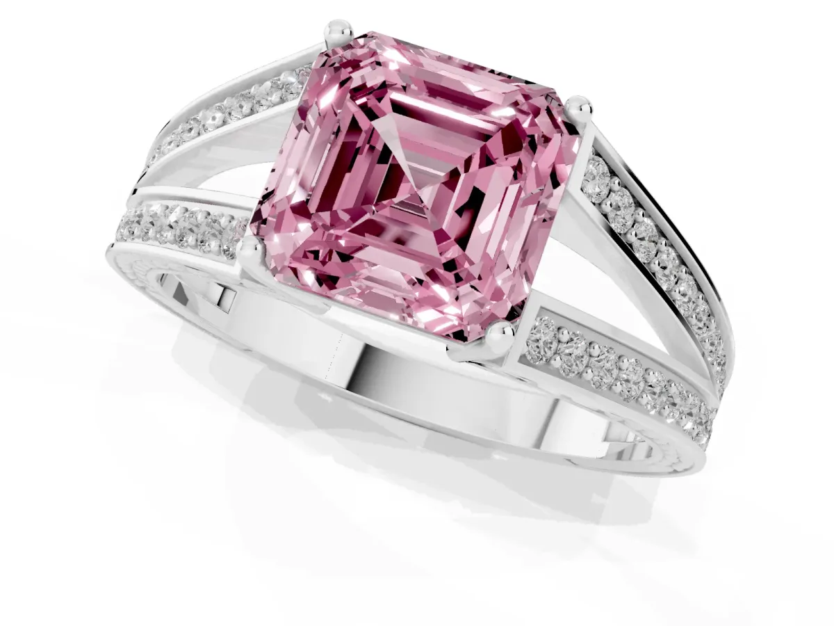 Fancy Pink Asscher Cut Diamond Split Shank Ring with Pavé Band and Four-Prong Setting White gold
