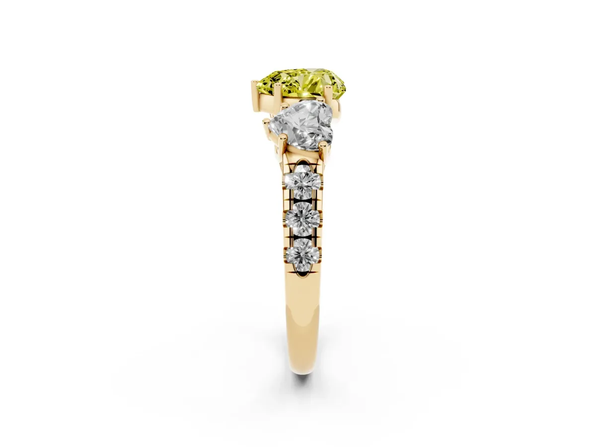 Fancy Yellow Three-Stone Heart Cut Diamond Pavé Band with Prong Setting Yellow gold