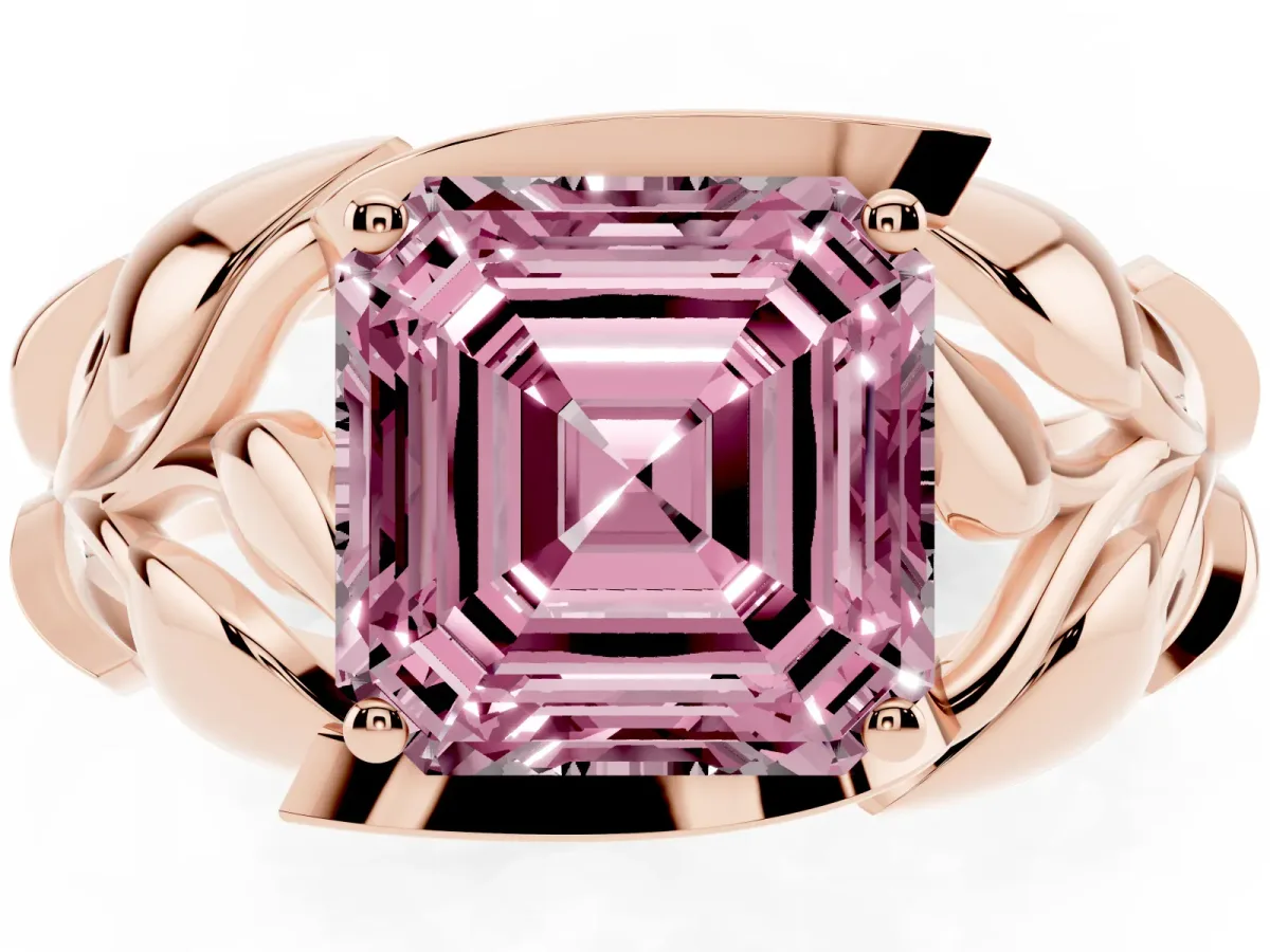 Fancy Pink Asscher Cut Diamond Leaf-Inspired Engagement Ring with Round Accents and Prong Setting Rose gold