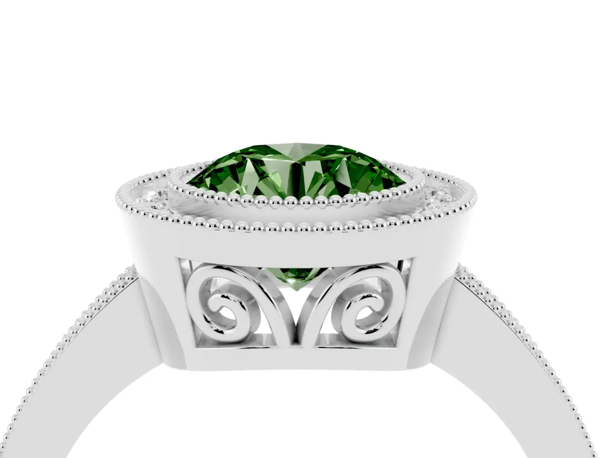Fancy Green Round Cut Cut Halo Diamond Ring with Pavé Band and Milgrain Prong Setting White gold