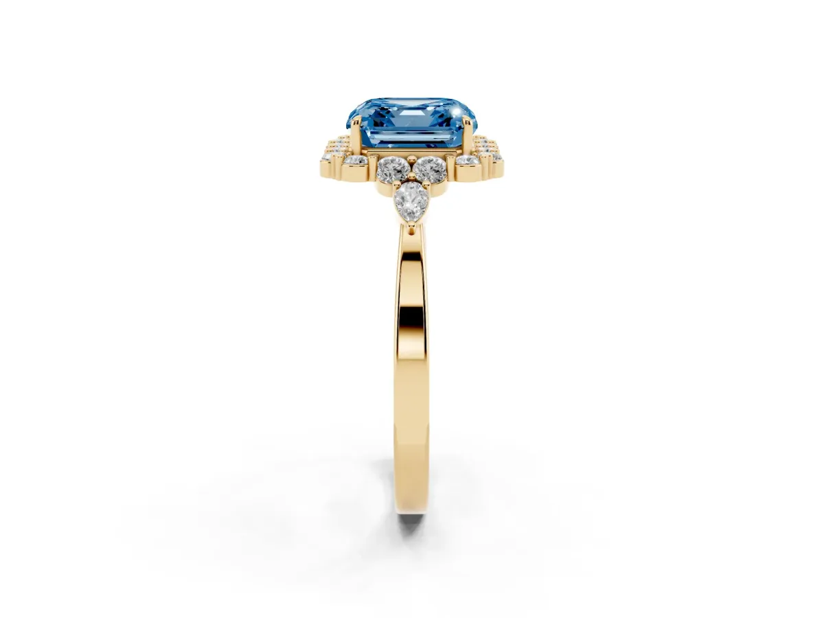 Fancy Blue Asscher Cut Diamond Halo Ring with Pear Side Stones and Prong Setting Yellow gold