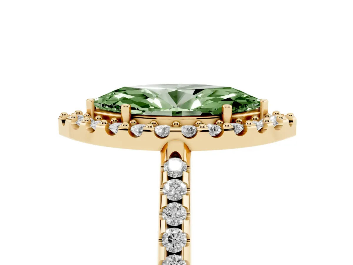 Fancy Green Marquise Cut Diamond Pavé Halo Ring with Four-Prong Setting Yellow gold