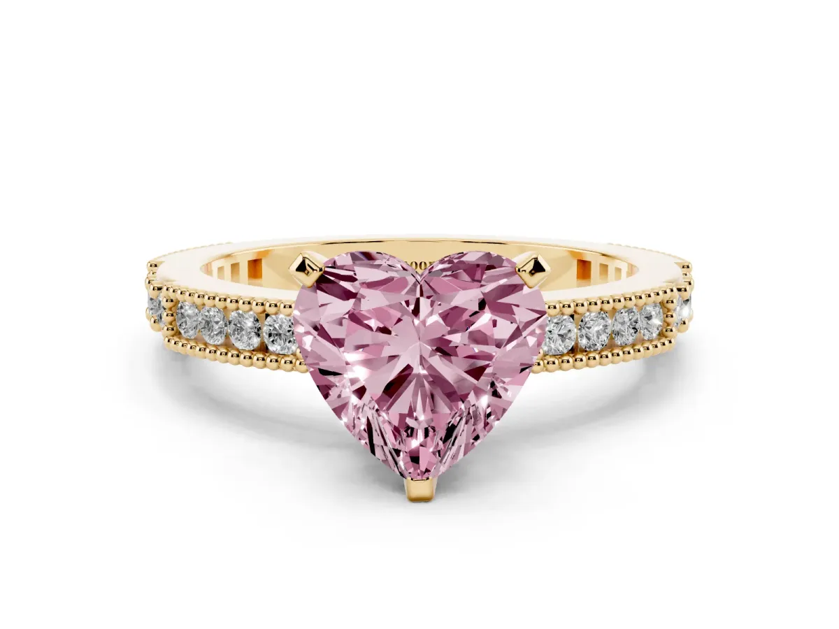 Fancy Pink Heart Cut Solitaire with Pavé Band and Four-Prong Setting Yellow gold