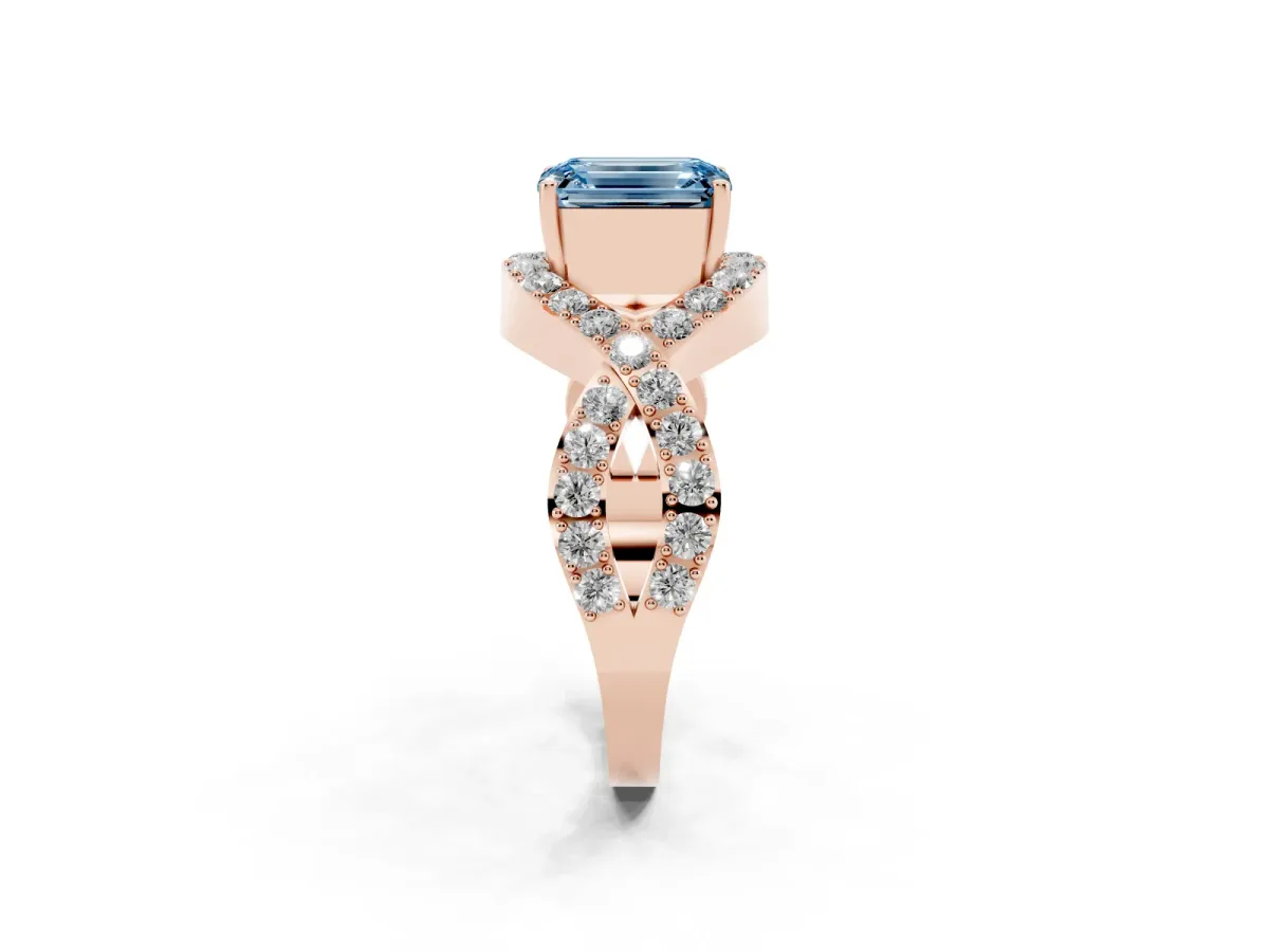 Fancy Blue Emerald Cut Solitaire Twist Band Pavé Diamond Engagement Ring Rose gold