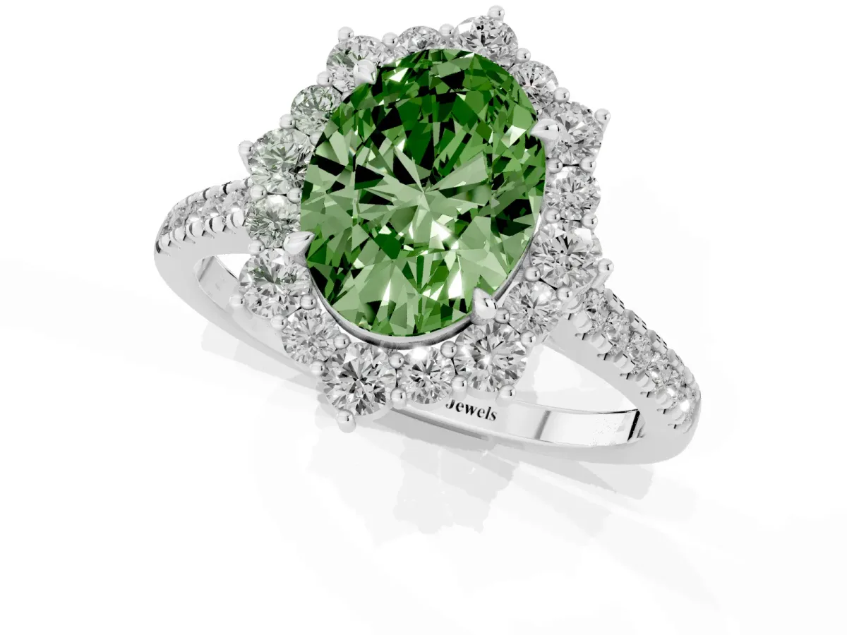 Fancy Green Oval Cut Halo Diamond Ring with Pavé Band and Prong Setting Silver