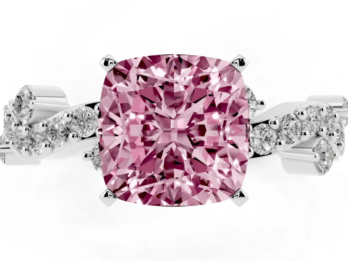 Fancy Pink Cushion Cut Cut Solitaire Diamond Twisted Band with Pave Setting Silver