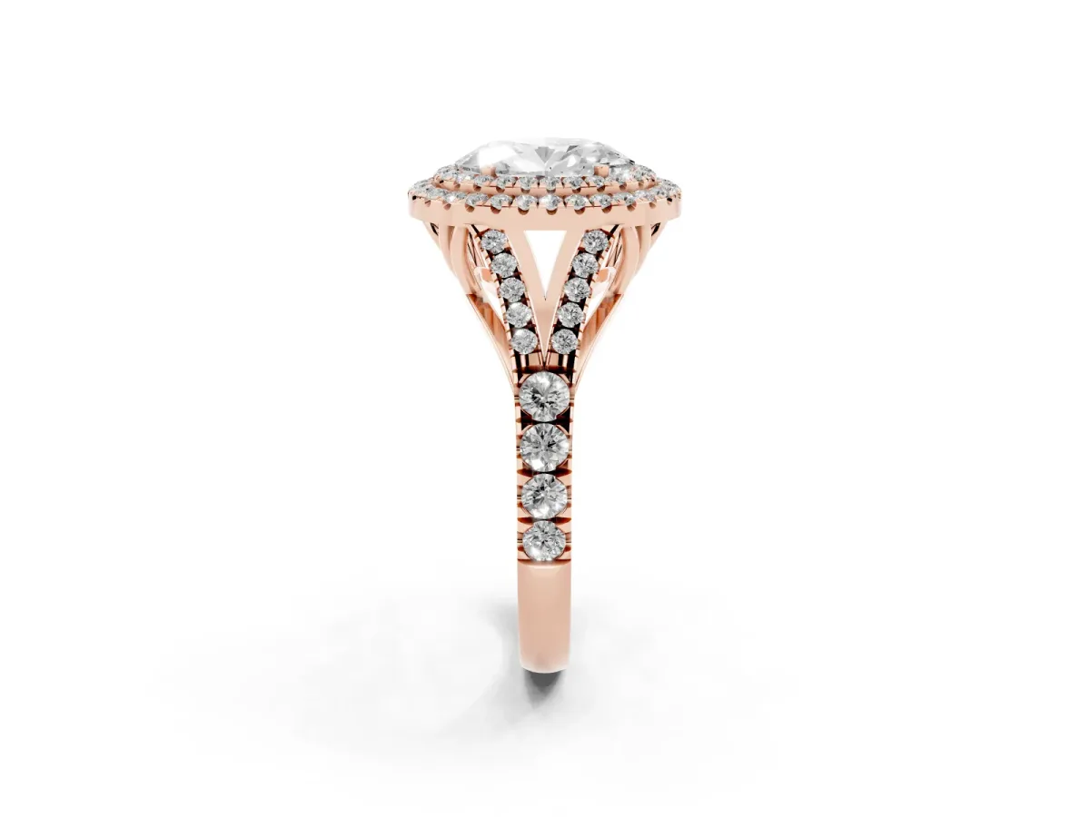 Oval Cut Diamond Pavé Split Shank Double Halo Engagement Ring Rose gold