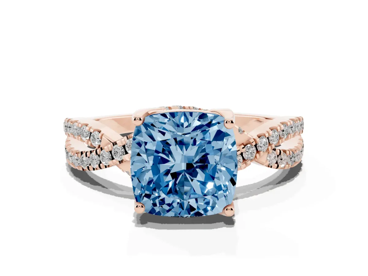 Fancy Blue Cushion Cut Solitaire Twist Pave Diamond Engagement Ring with Prong Setting Rose gold