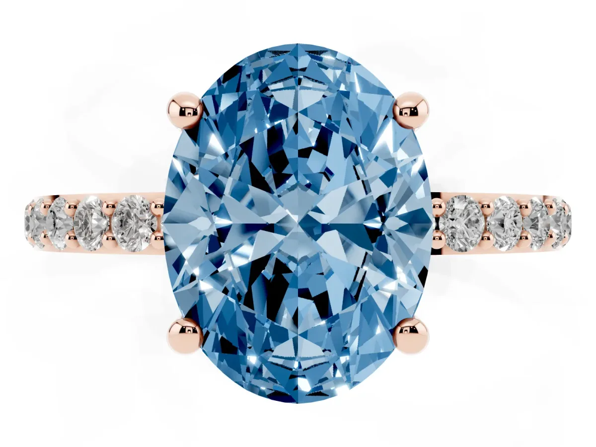 Fancy Blue Oval Cut Diamond Solitaire Ring with Round Pavé Band and Prong Setting Rose gold
