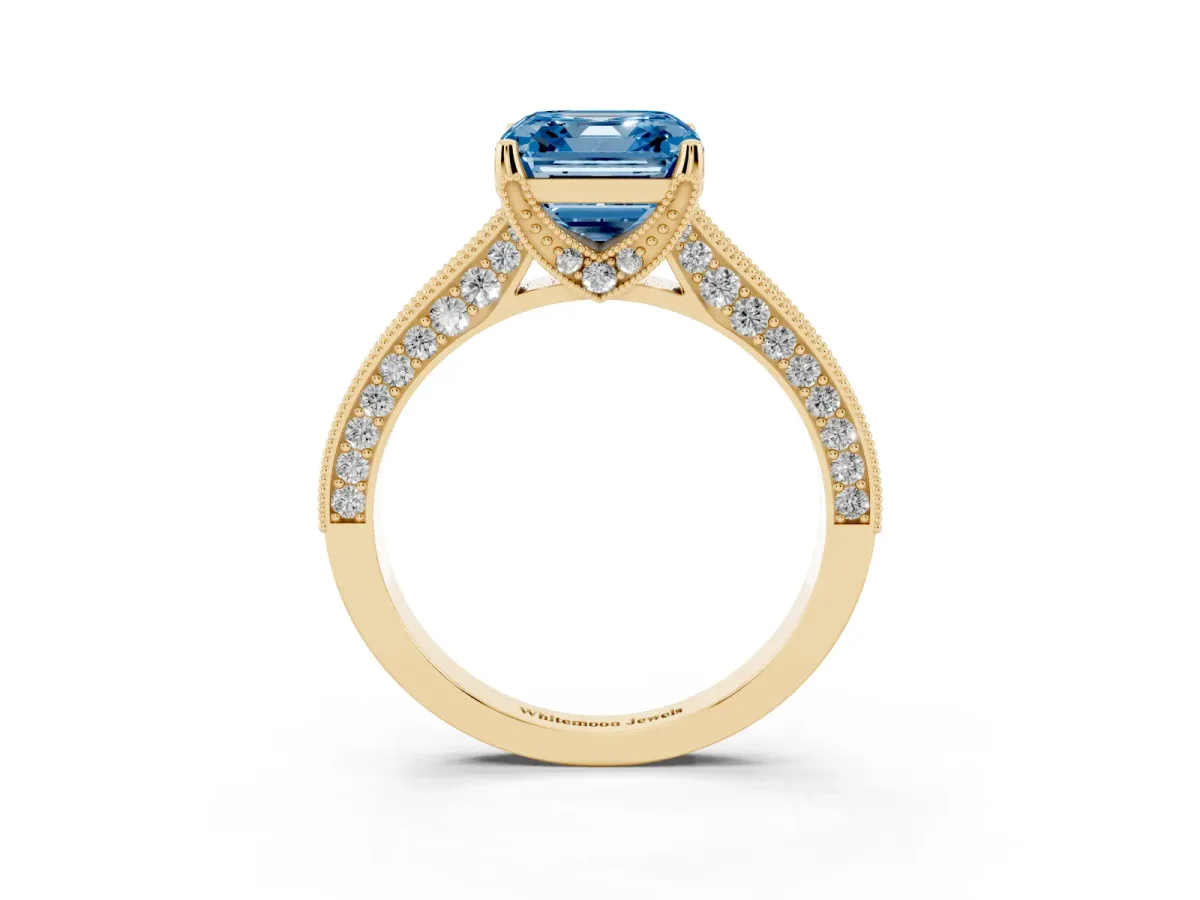 Fancy Blue Asscher Cut Cut Diamond Solitaire Ring with Milgrain Pave Band and Four Prong Setting Yellow gold