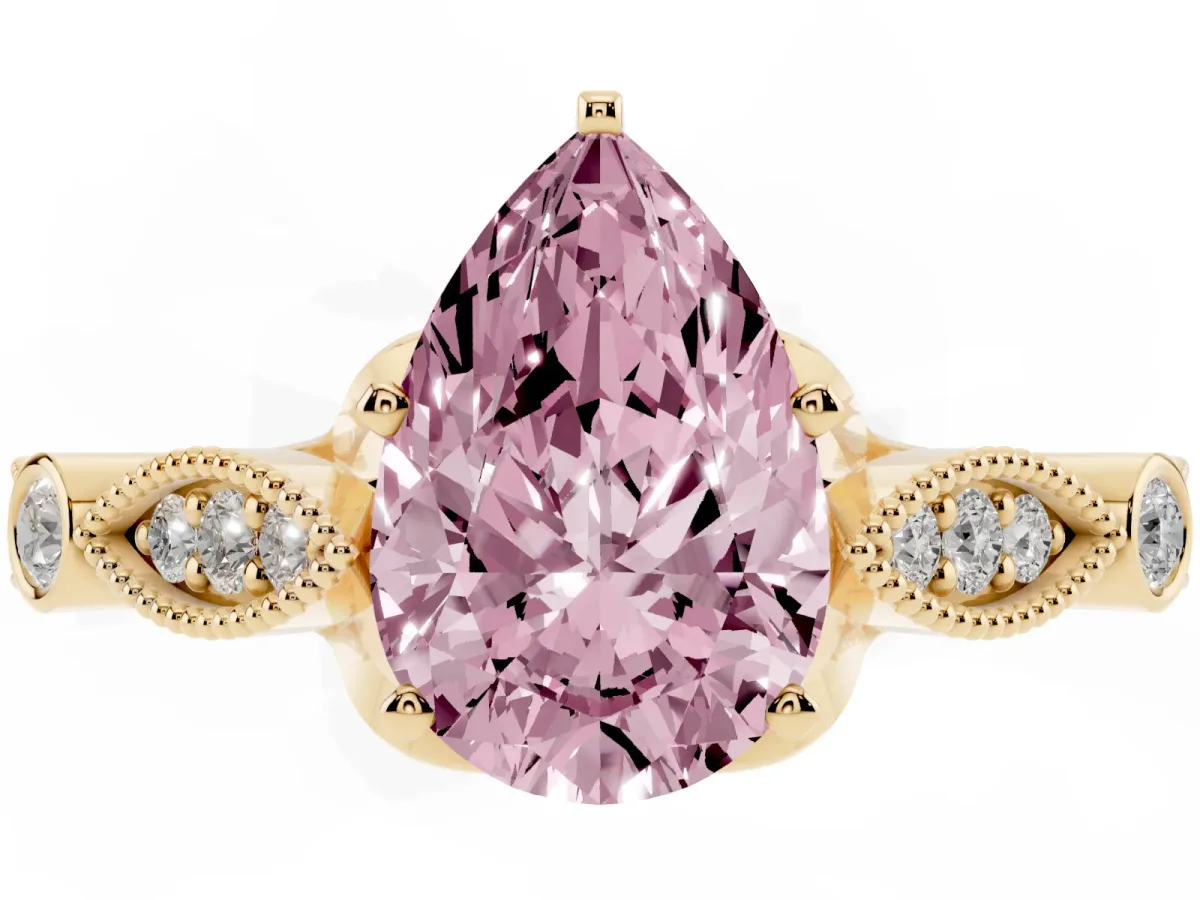 Fancy Pink Pear Cut Cut Diamond with Milgrain Marquise and Bezel Accents on a Solitaire Band with Prong Setting Yellow gold