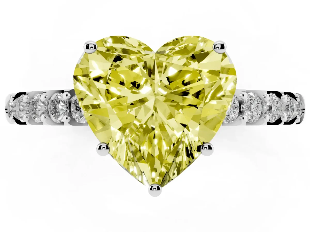 Fancy Yellow Heart Cut Solitaire Diamond Engagement Ring with Pavé Band and Six-Prong Setting Platinum