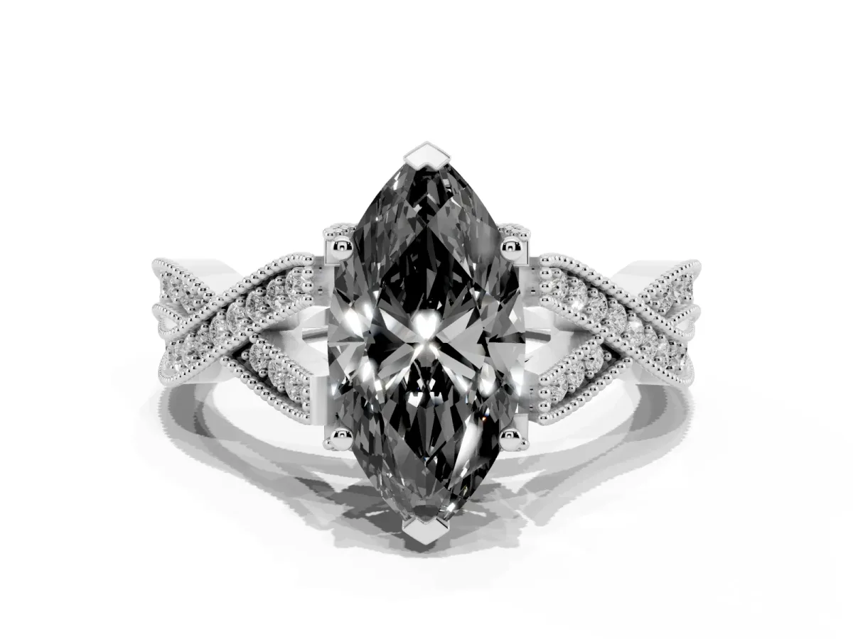 Fancy Black Marquise Cut Cut Diamond Twisted Band with Milgrain Pave Setting and Four-Prong Setting Platinum