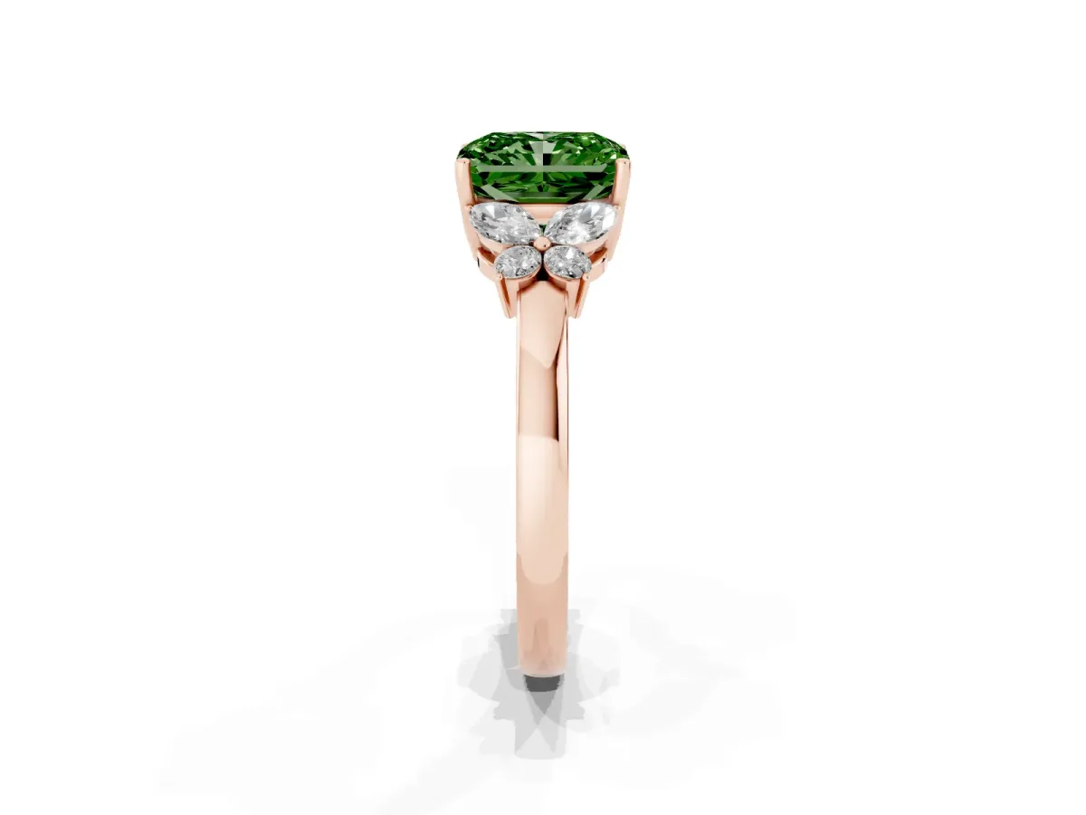Fancy Green Radiant Cut Cut Solitaire Floral Diamond Ring with Four-Prong Setting Rose gold