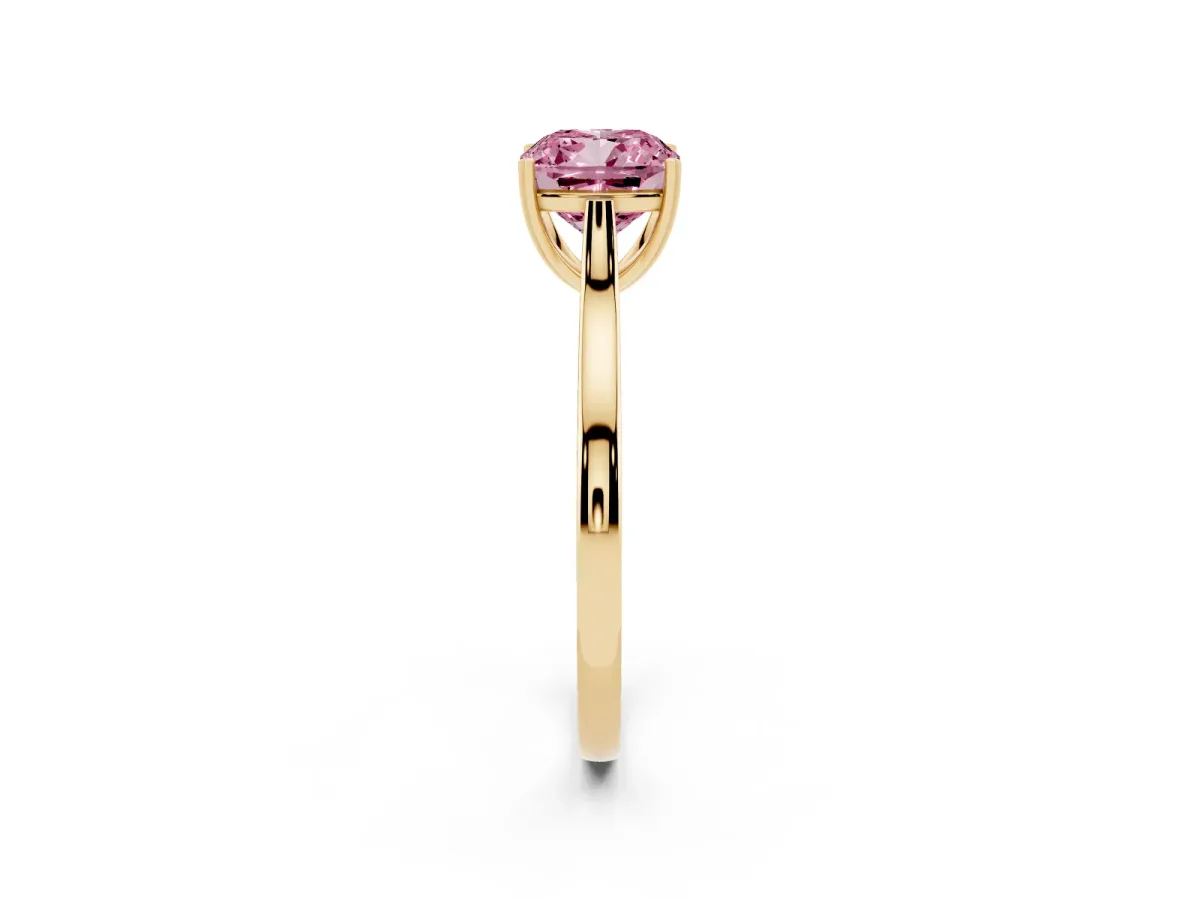 Fancy Pink Cushion Cut Solitaire Heart Prong Engagement Ring with Tapered Band Yellow gold