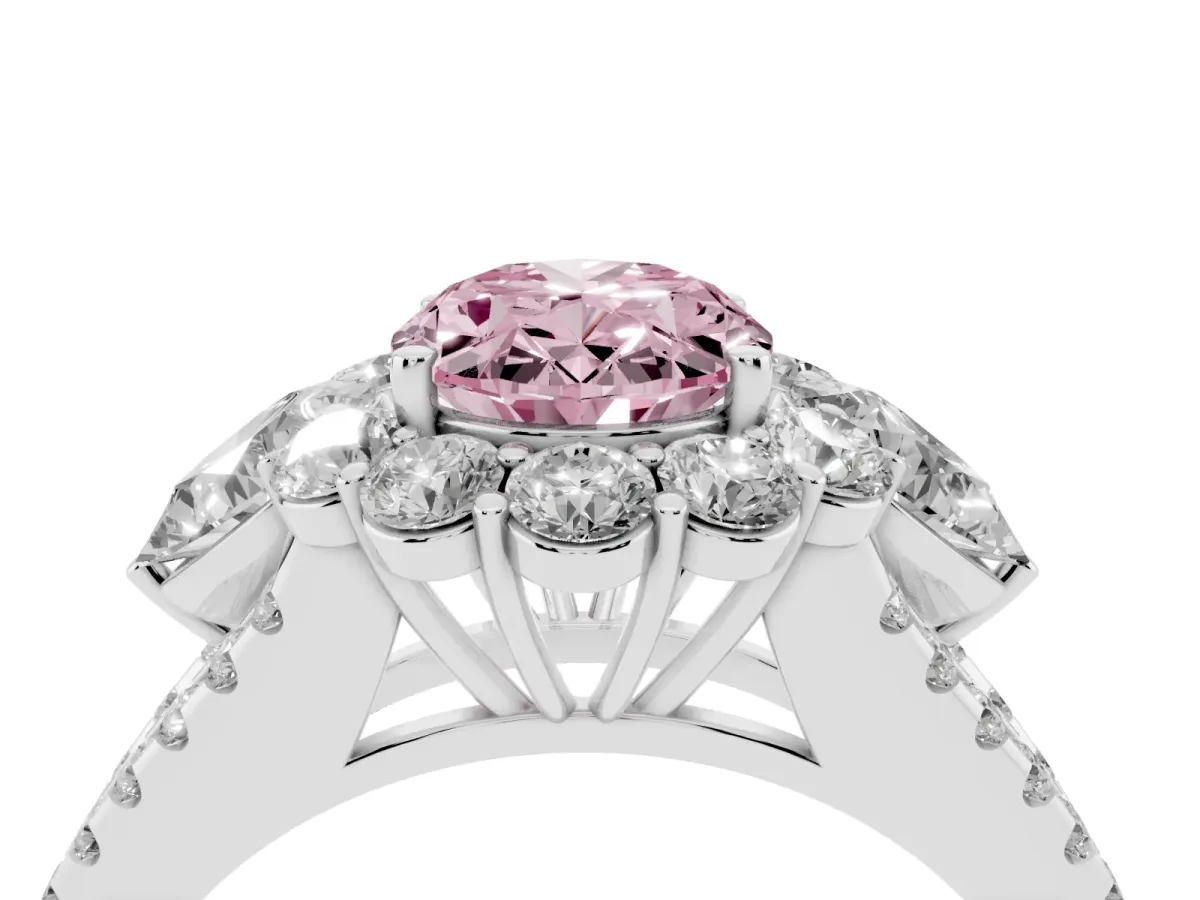 Fancy Pink Oval Cut Halo Split Shank Diamond Engagement Ring with Prong Setting Platinum