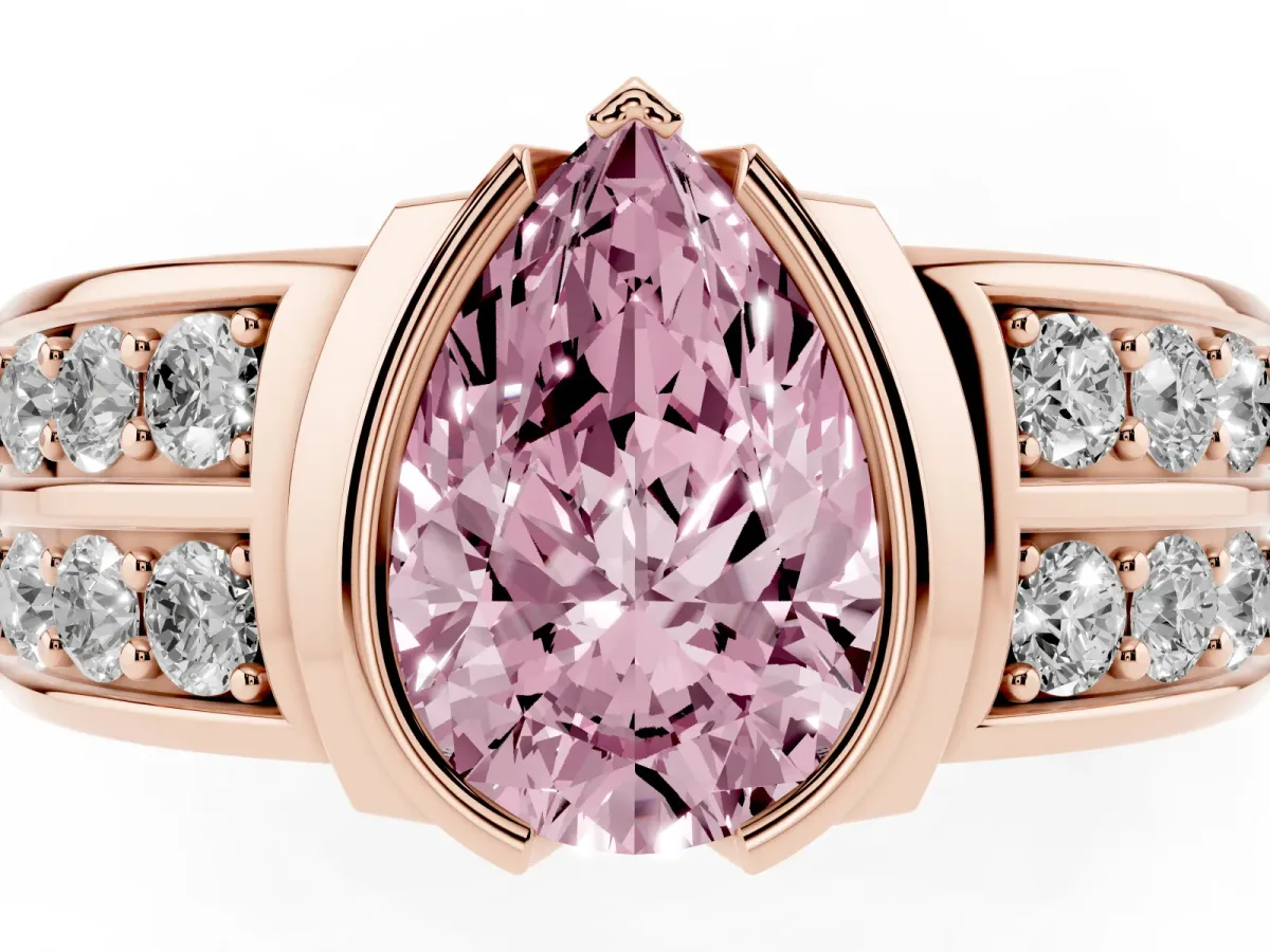 Fancy Pink Pear Cut Brilliant Diamond Channel Set Wide Band Ring with Bezel Setting Rose gold