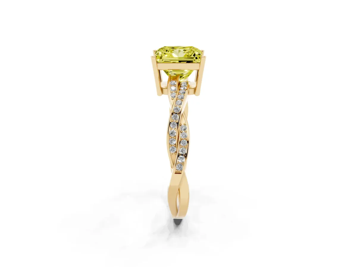 Fancy Yellow Princess Cut Solitaire Twisted Pave Diamond Ring with Four-Prong Setting Yellow gold