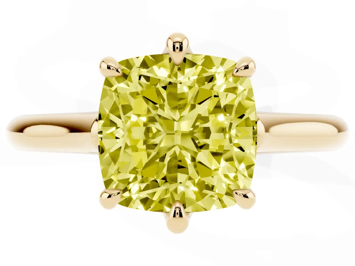 Fancy Yellow Cushion Cut Solitaire Engagement Ring with Six-Prong Setting and Classic Band Yellow gold