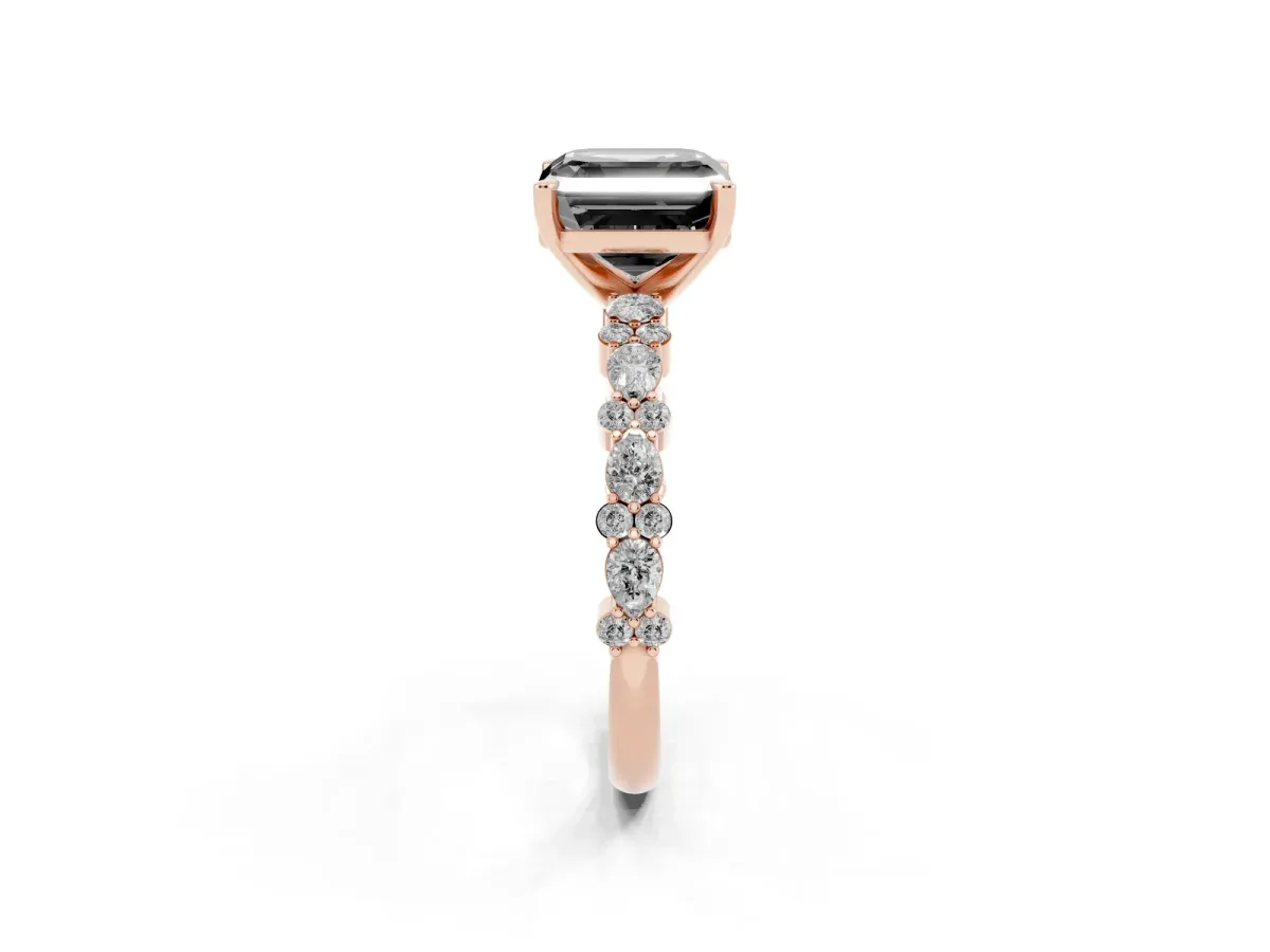 Fancy Black Asscher Cut Diamond Side Stone Solitaire Ring with Round and Four-Prong Setting Rose gold