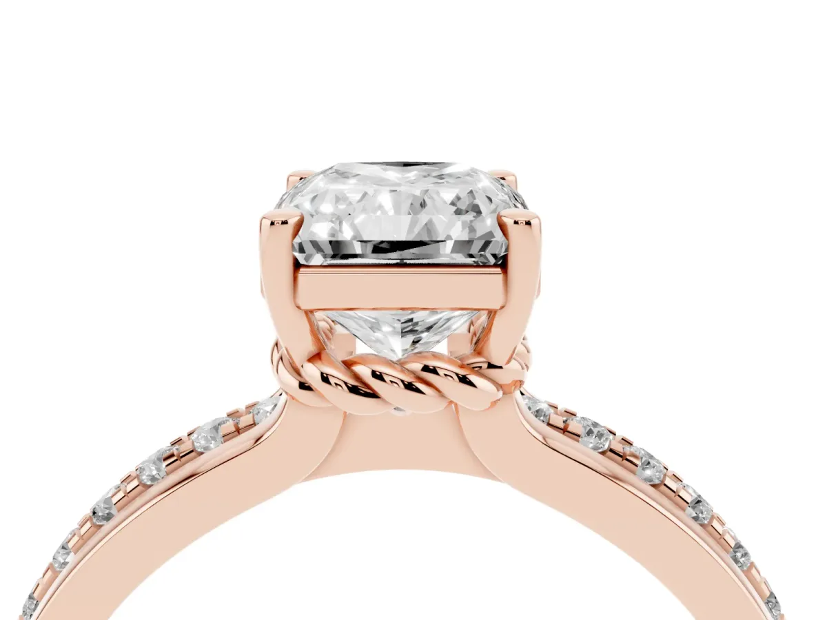 Radiant Cut Solitaire Diamond Ring with Channel Set Band and Six-Prong Setting Rose gold