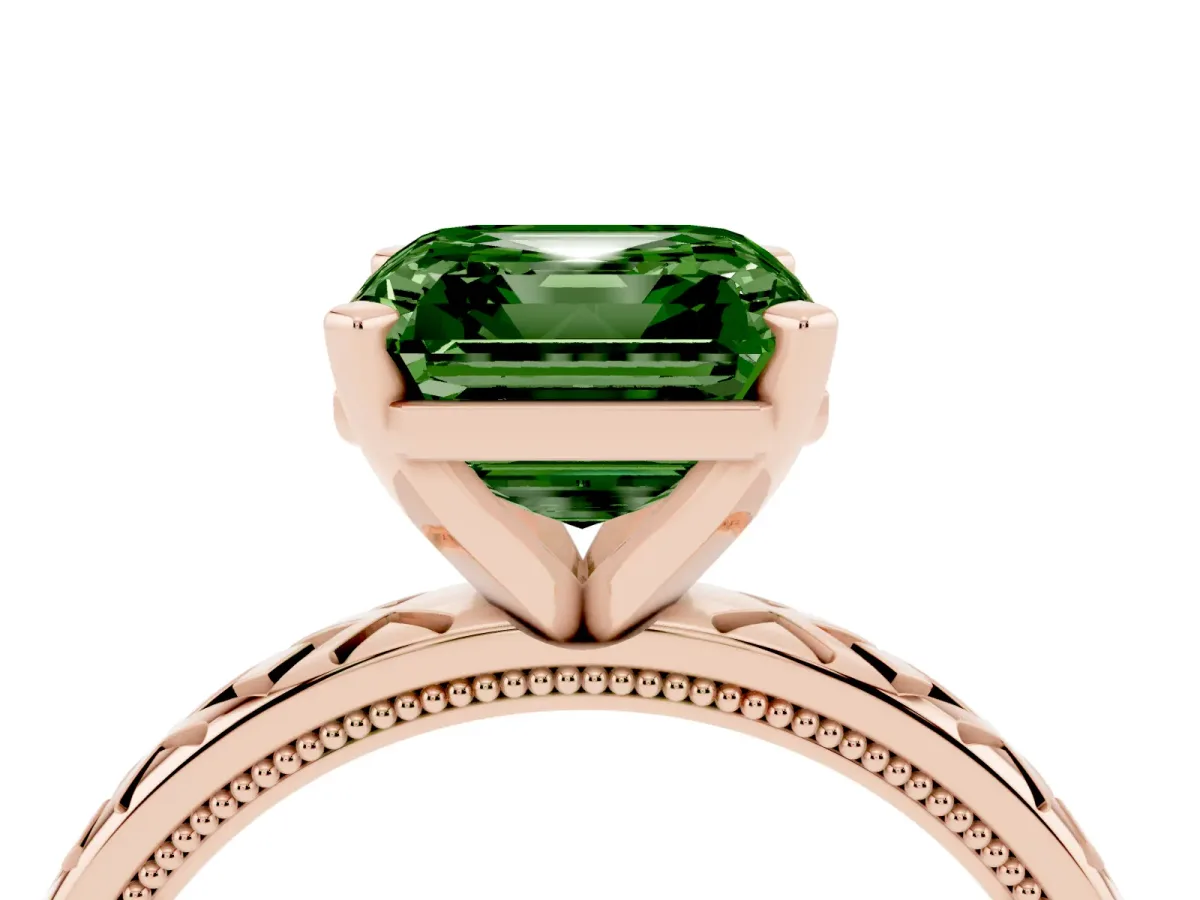 Fancy Green Asscher Cut Solitaire Diamond Ring with Milgrain and Black Enamel X Pattern Band Rose gold