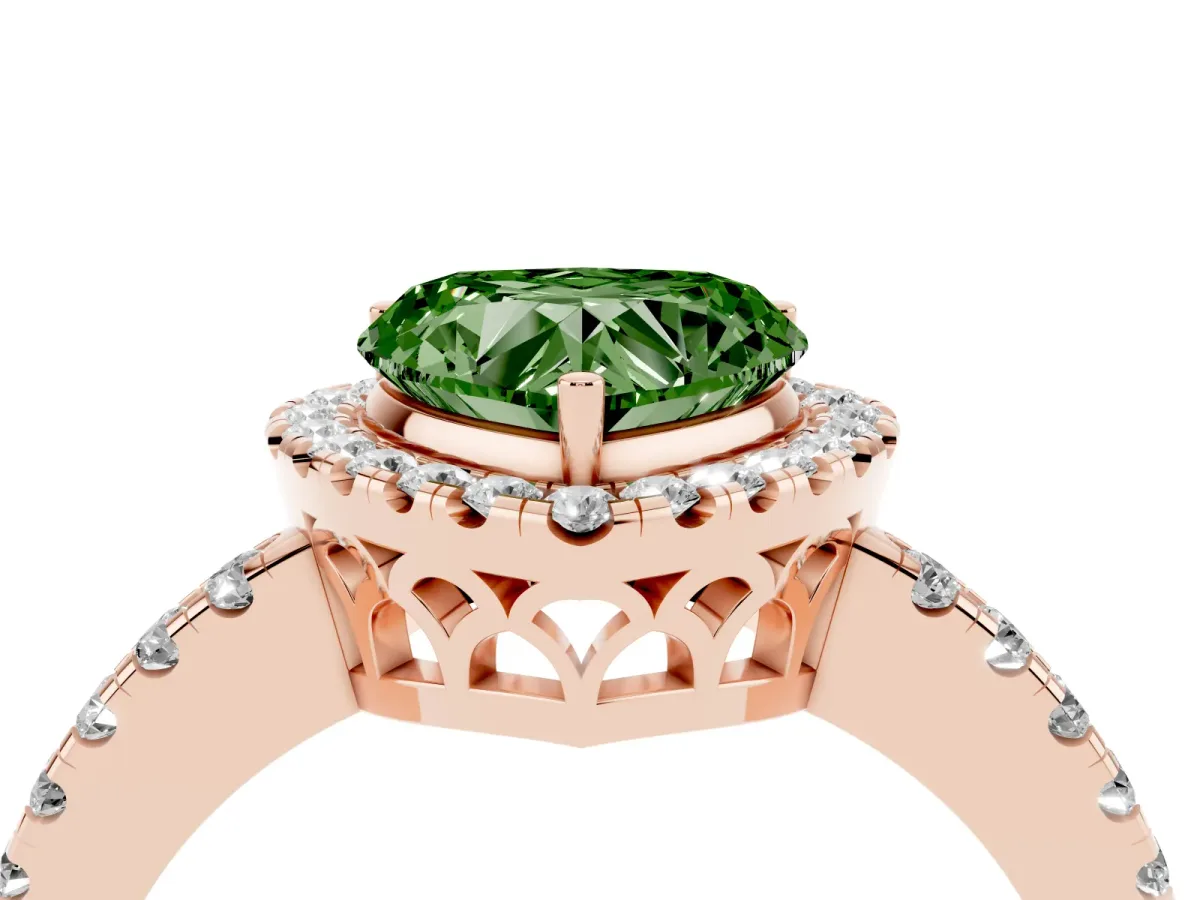 Fancy Green Heart Cut Halo Diamond Engagement Ring with Pavé Band and Four-Prong Setting Rose gold