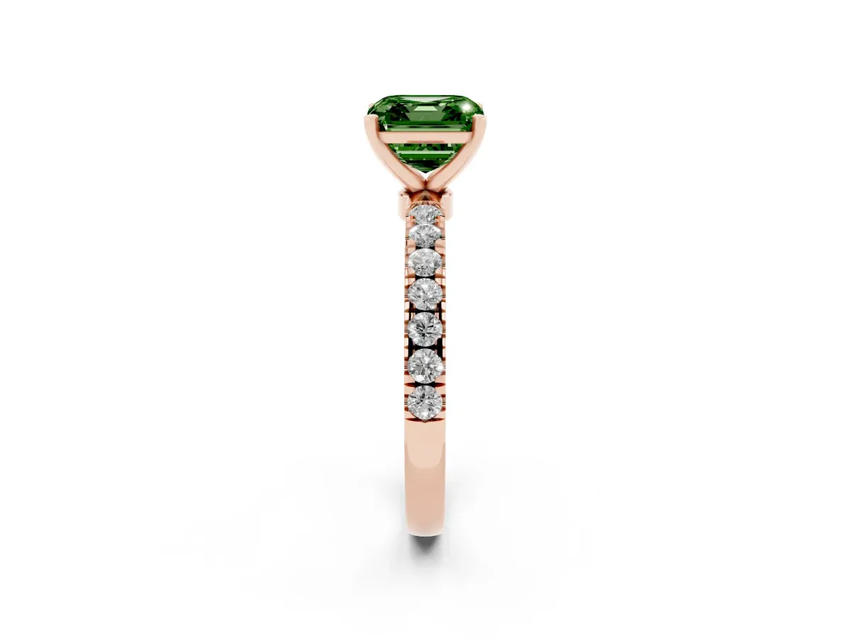 Fancy Green Asscher Cut Diamond Solitaire Ring with Pavé Accents and Four-Prong Setting Rose gold