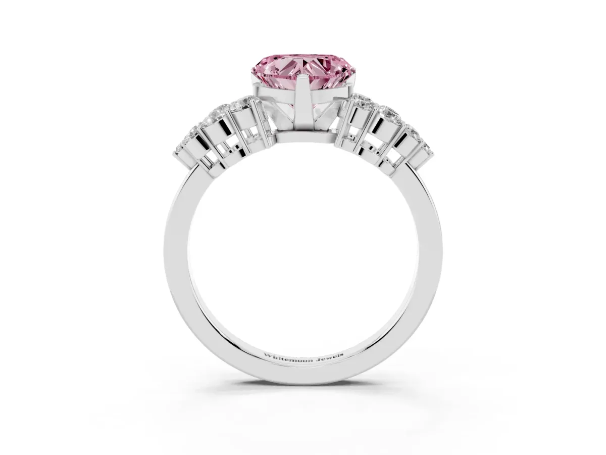 Fancy Pink Heart Cut Cluster Diamond Engagement Ring with Pavé Band and Four-Prong Setting Platinum