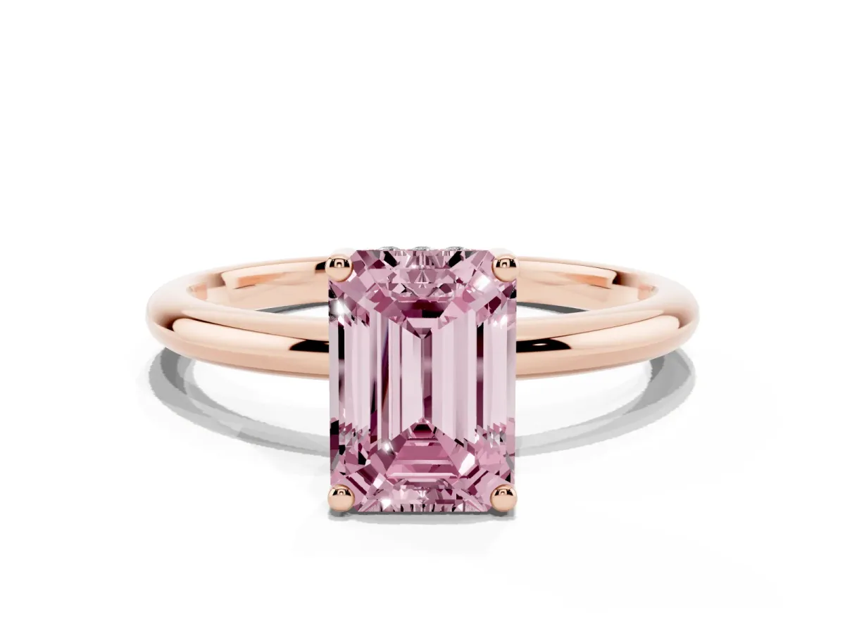 Fancy Pink Emerald Cut Cut Solitaire Engagement Ring with Four-Prong Setting and Classic Band Rose gold